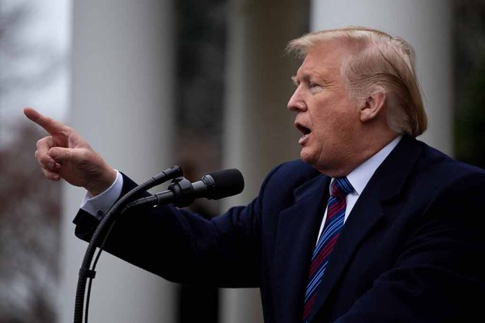 Donald Trump speaking into microphone at a podium, pointing finger.