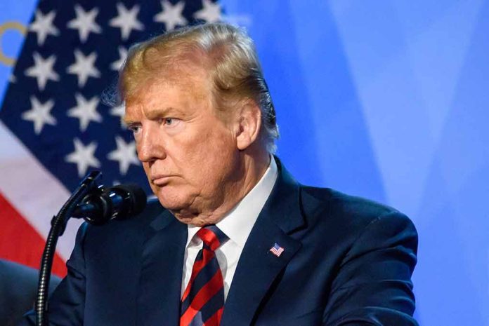 Donald Trump speaking at podium with American flag.