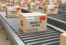 Boxes labeled "Made in China" on conveyor belts.