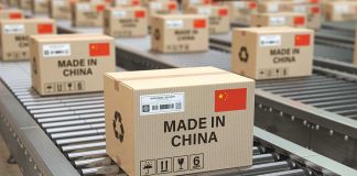 Boxes labeled "Made in China" on conveyor belts.