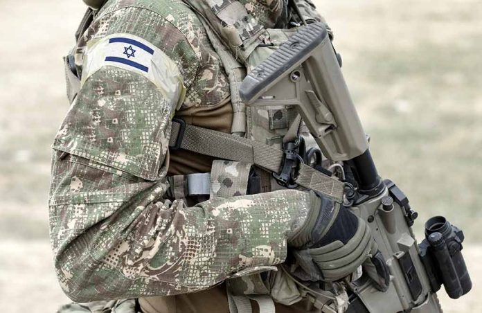 Soldier in camouflage gear with Israeli flag patch.