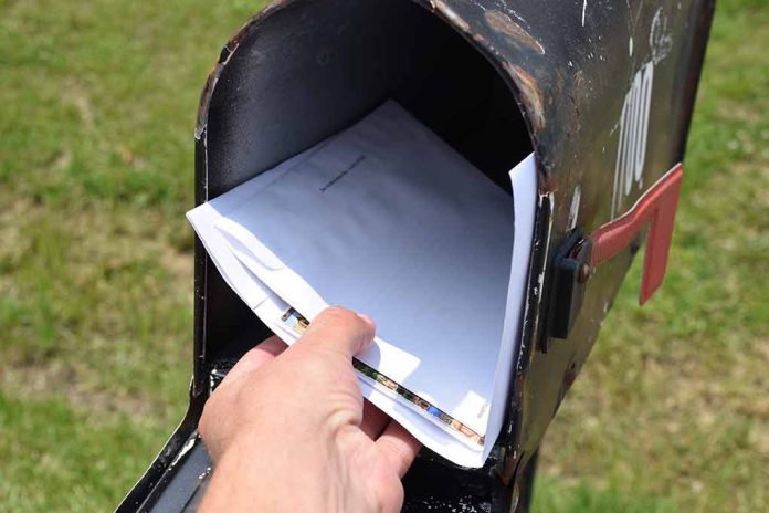 Hand placing mail in a black mailbox.