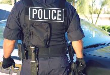 Police officer in uniform standing near a patrol car.