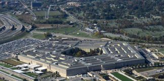 Aerial view of the Pentagon building and surrounding area.