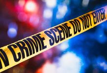 Yellow crime scene tape with blurred background lights