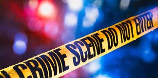 Yellow crime scene tape with blurred background lights