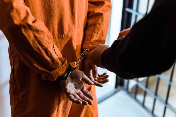 Person in orange jumpsuit handcuffed behind bars.