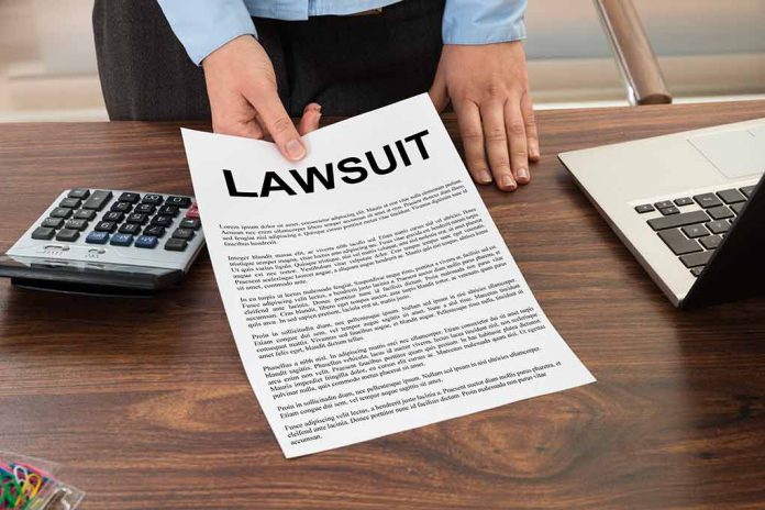 Person holding lawsuit document at desk with laptop