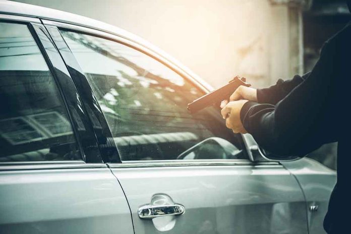 Person pointing gun at a car window.