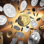 Gold and silver cryptocurrency coins floating together