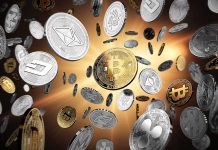 Gold and silver cryptocurrency coins floating together