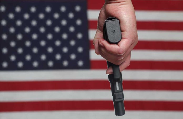 Hand holding gun against American flag backdrop.