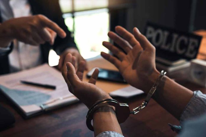 Handcuffed person in police station during interrogation