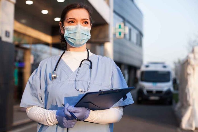 Doctor wearing mask and gloves, holding clipboard outside hospital.