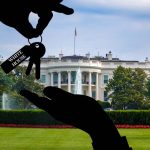 Silhouette hands exchange keys labeled "White House".