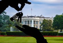 Silhouette hands exchange keys labeled "White House".