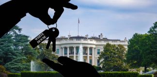 Silhouette hands exchange keys labeled "White House".