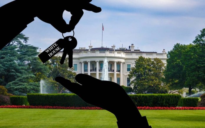 Silhouette hands exchange keys labeled "White House".