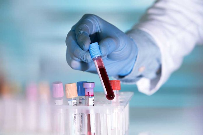 Gloved hand holding a blood sample test tube.