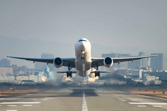 Airplane taking off from runway in urban area