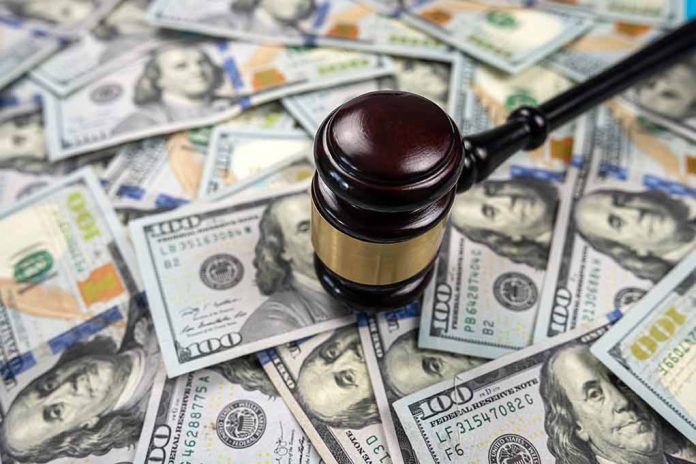 Gavel on pile of hundred dollar bills