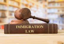 Gavel on immigration law book in library