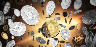 Various cryptocurrencies floating against a golden background