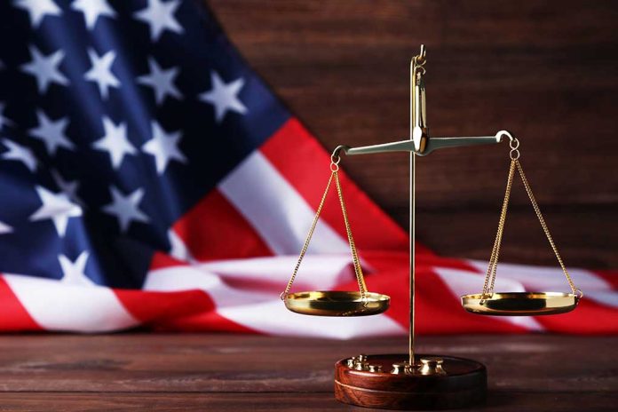 1079617001 featured image Scales of justice and American flag background.