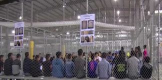 People sitting on benches inside a fenced facility