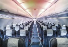 Empty airplane cabin with rows of seats