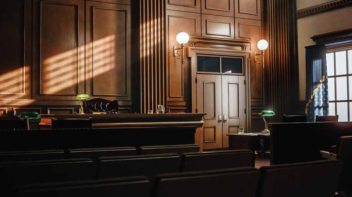 2056420763 featured image Empty courtroom with judges bench and wooden decor