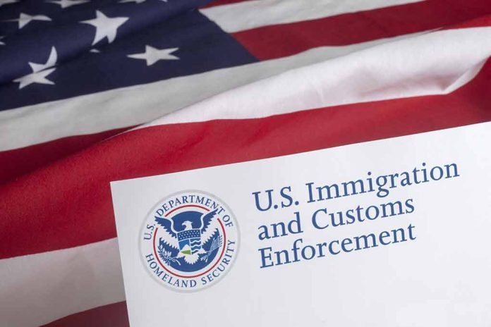 US flag behind Homeland Security document with logo