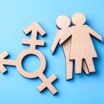 Wooden transgender symbol and couple figures on blue background