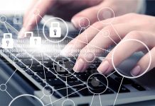 Hands typing with cybersecurity icons overlay