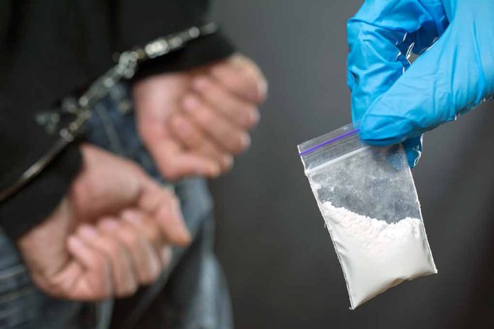 1198679785 featured image Handcuffed person with small bag of white marijuana