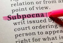 "Subpoena" highlighted in pink in a dictionary.