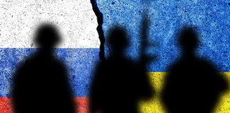 Silhouetted soldiers with Russian and Ukrainian flag backgrounds
