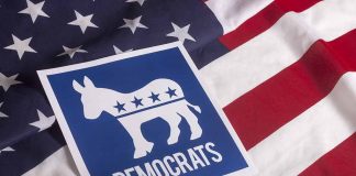 Democratic Party symbol on American flag background