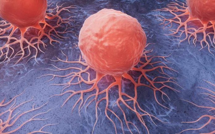 Cancer cells spreading on a blue surface.