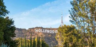 Hollywood sign on hill surrounded by trees and buildings
