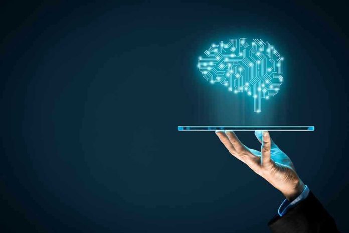776025448 Hand holding tablet projecting digital brain hologram