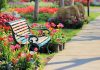 A decorative garden bench surrounded by vibrant flowers in a park