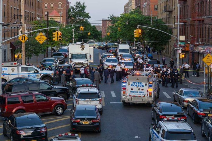 Police activity on a city street with emergency vehicles
