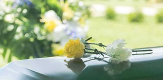 Yellow and white flowers on a green casket.