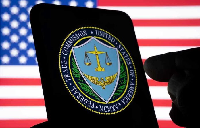 1999129859 FTC logo on smartphone with American flag background.