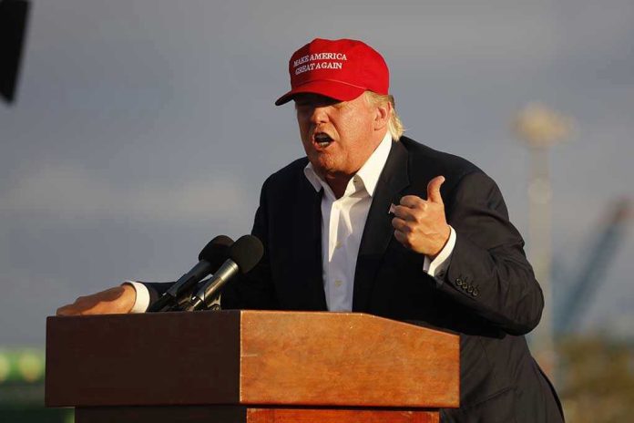 Person speaking at a podium wearing a red hat.