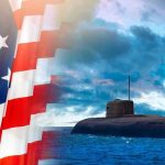 Korea, Trump STRIKE DEAL – Expanding Naval Presence American flag and submarine at sea under a cloudy sky.