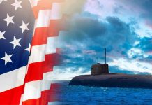 Korea, Trump STRIKE DEAL – Expanding Naval Presence American flag and submarine at sea under a cloudy sky.