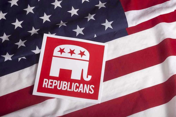 305852282 Republican symbol on American flag background.