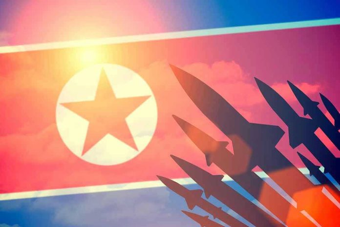 395414536 North Korean flag with missile silhouettes.